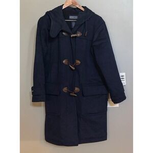 Lands End Womens Navy Wool Blend Duffle Coat Toggle‎ Hooded Winter Size 8